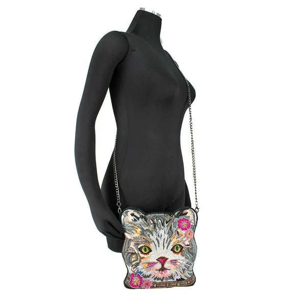 Mary Frances Cattitude Cat Zip Bag Animal Leather Beaded Handbag Purse Gray NEW - Picture 7 of 7
